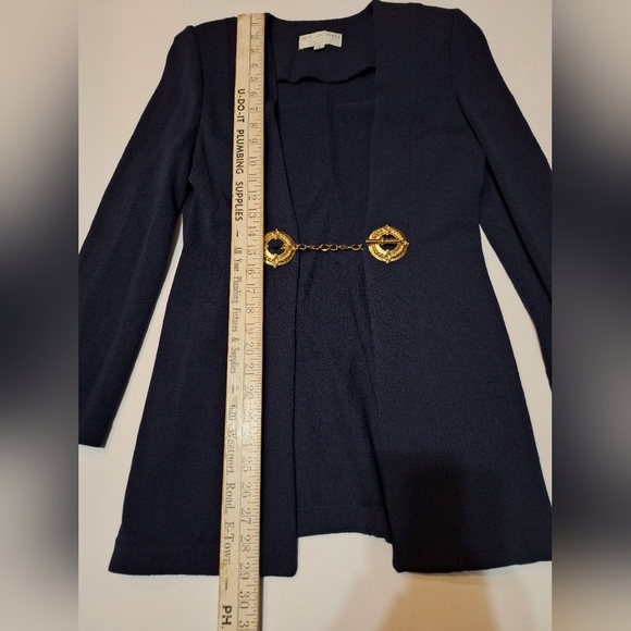 St. John Collection Santana Knit Longline Jacket Blazer Navy Gold Buttons Size 4 - Picture 14 of 16